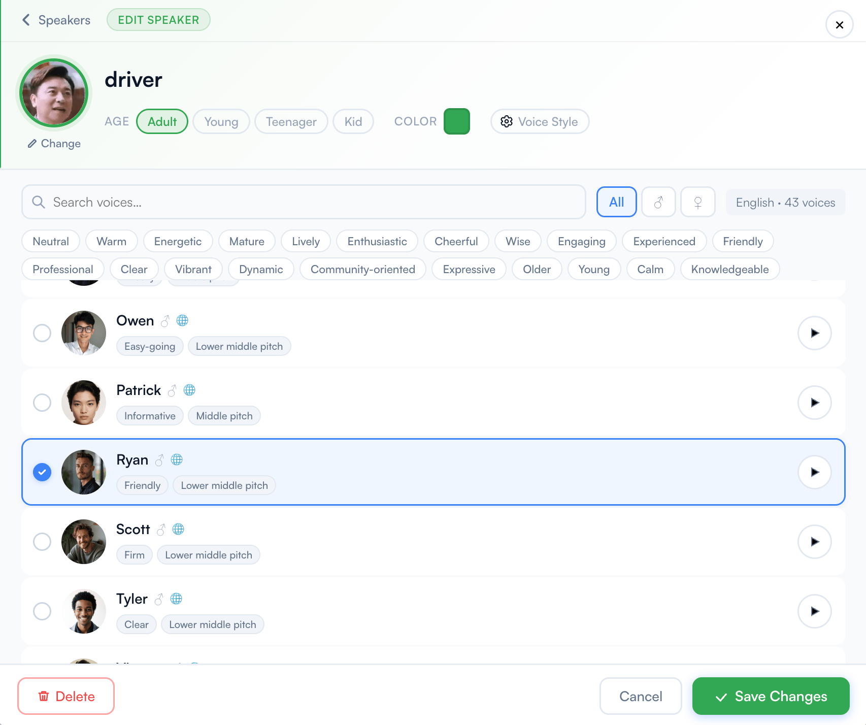 Speaker management panel showing speaker list with AI voices assigned