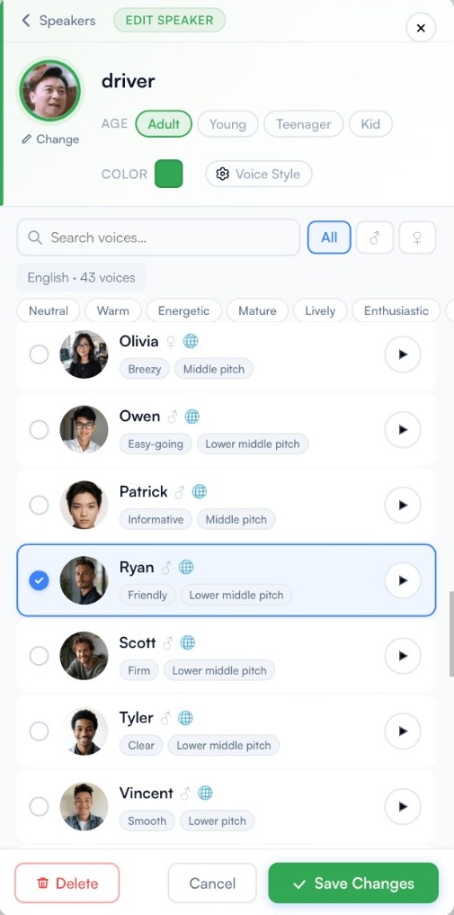 AI voice picker with gender filters, personality tags, and voice preview samples