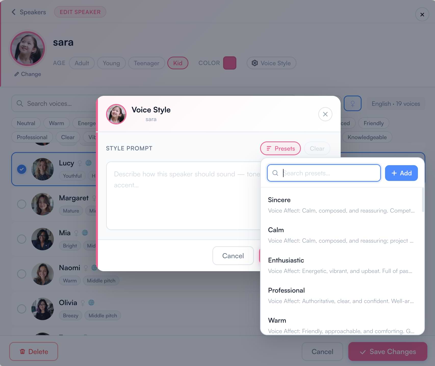 Voice Style panel showing presets and custom style prompt input for a speaker