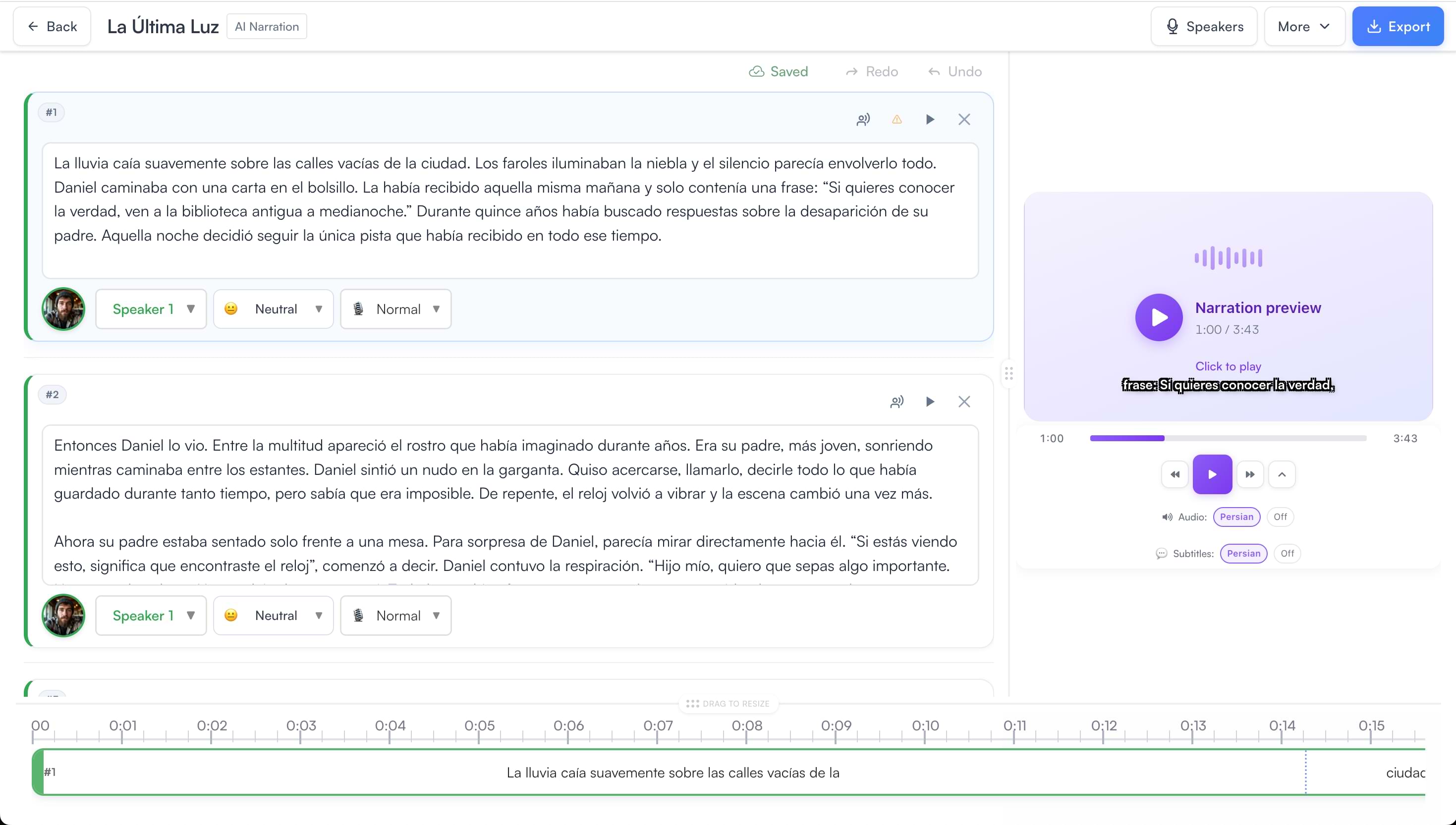 Podcast editor showing segment list and live audio preview after AI narration