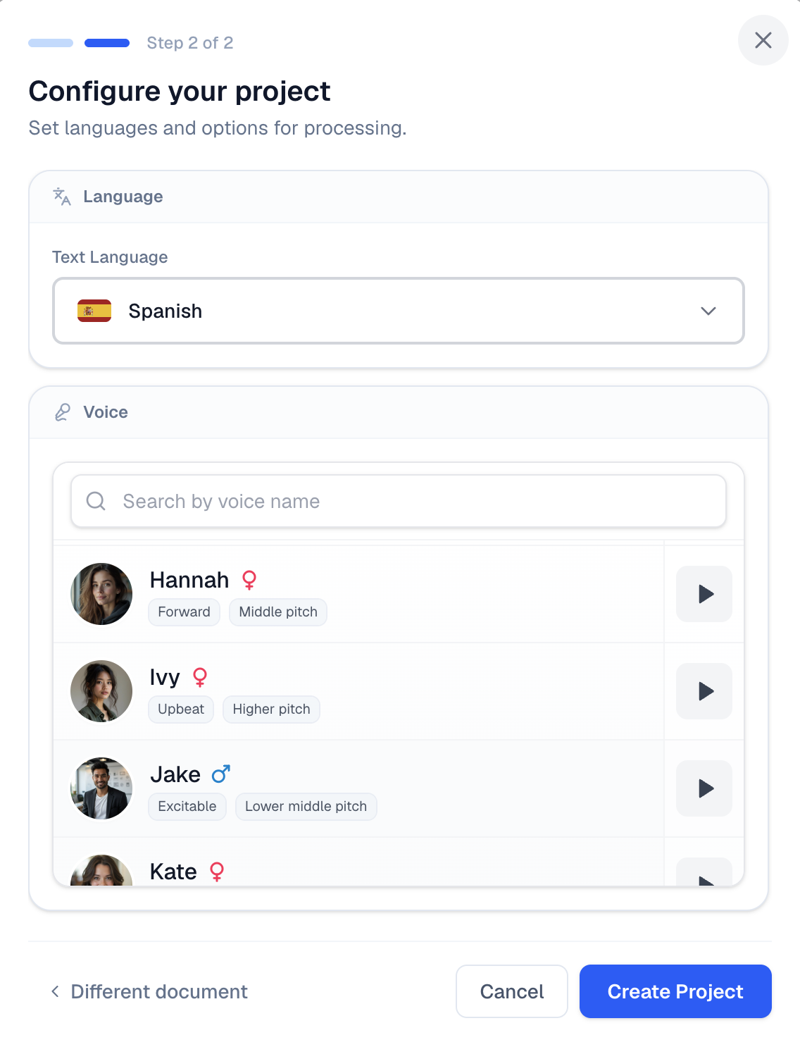 Configure your project step showing text language dropdown and AI voice list with preview buttons