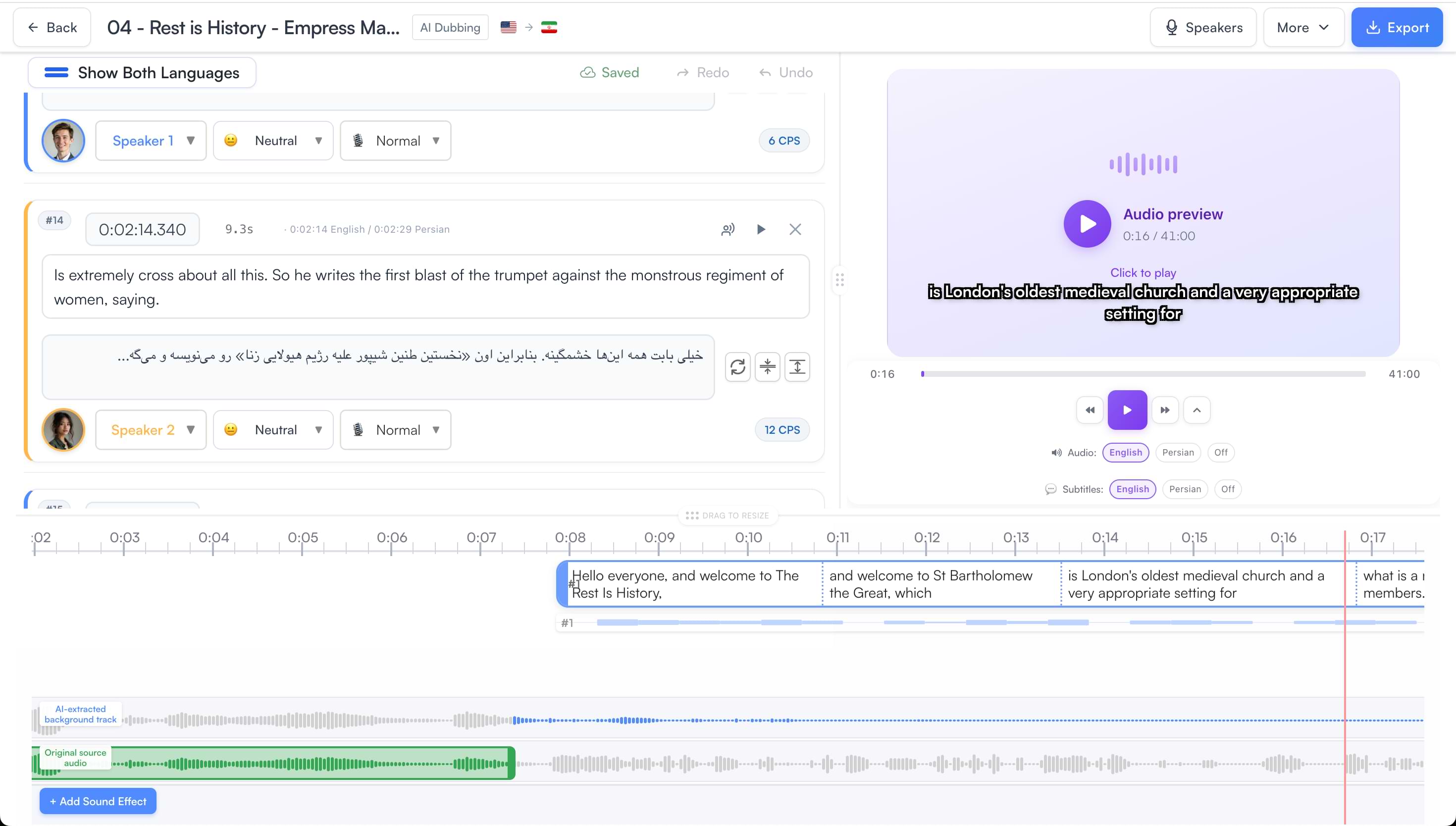 Multi-track timeline showing original source audio, AI-extracted background track, and dubbed transcript segments