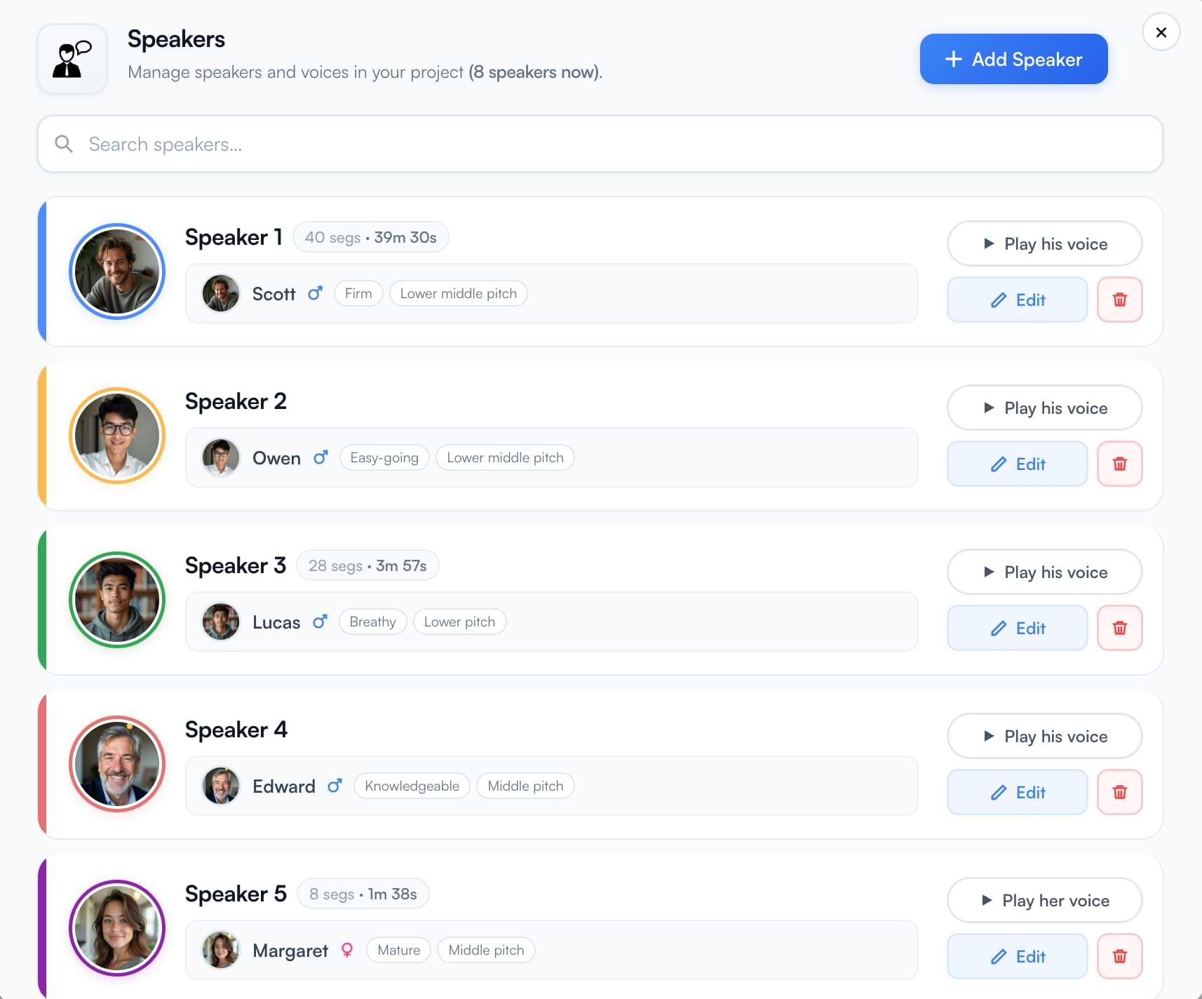 Speaker management panel showing Speaker 1 (Nate, 105 segments, 12m 24s) and Speaker 2 (Ivy, 103 segments, 32m 50s) with assigned AI voices