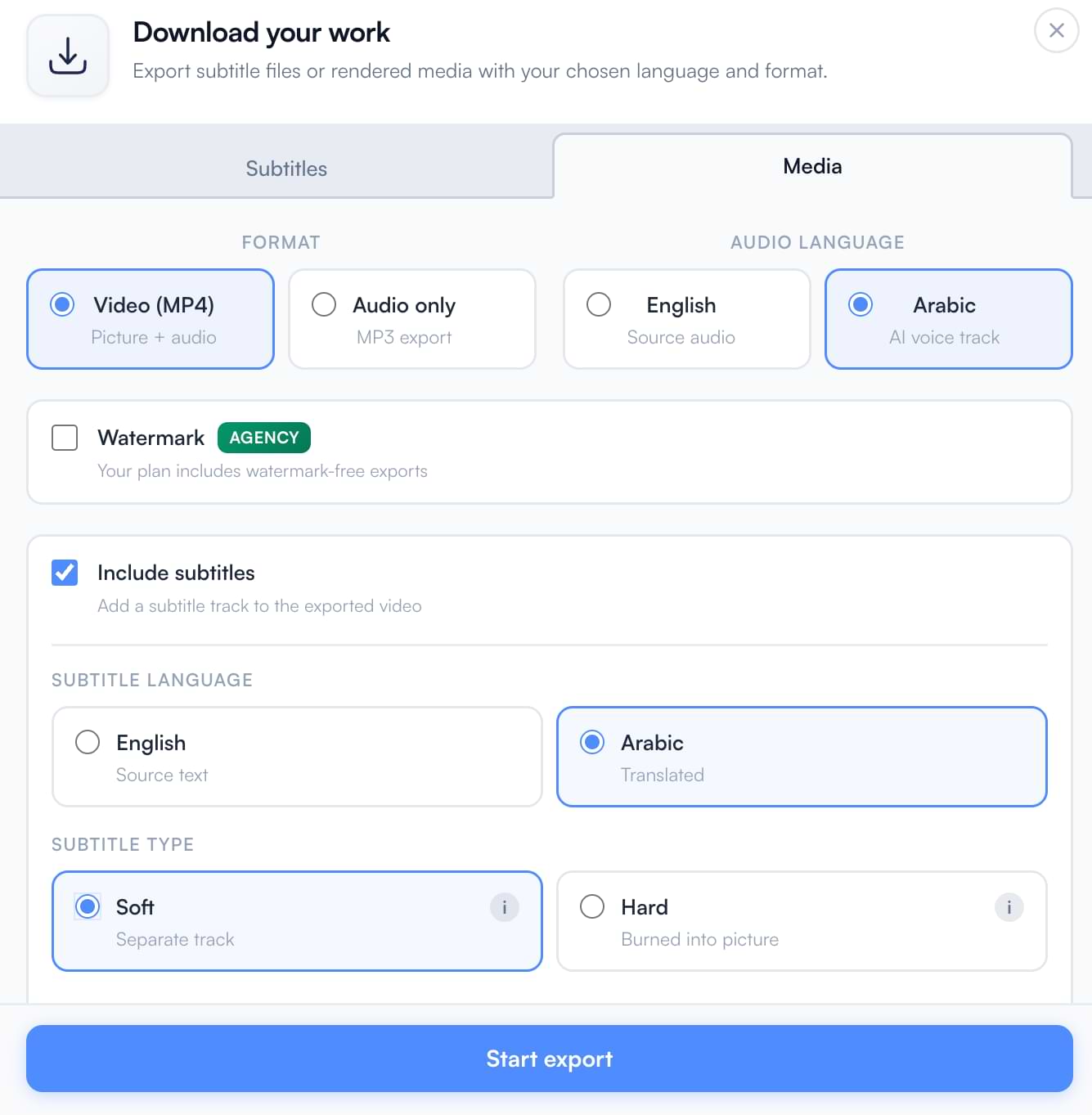Export options for subtitles and video