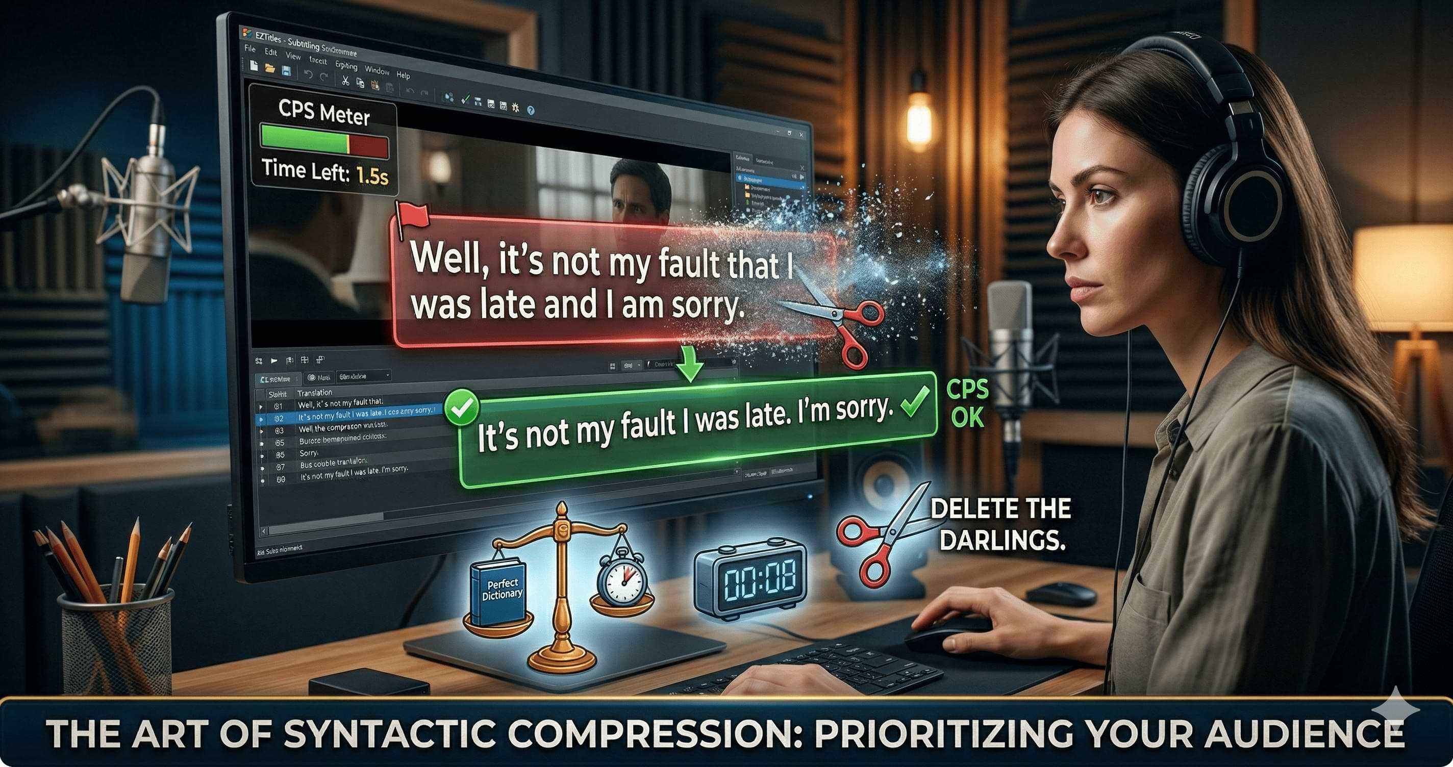 Editor in a studio: CPS meter in the red zone, wordy subtitle line cut down to a shorter line marked CPS OK