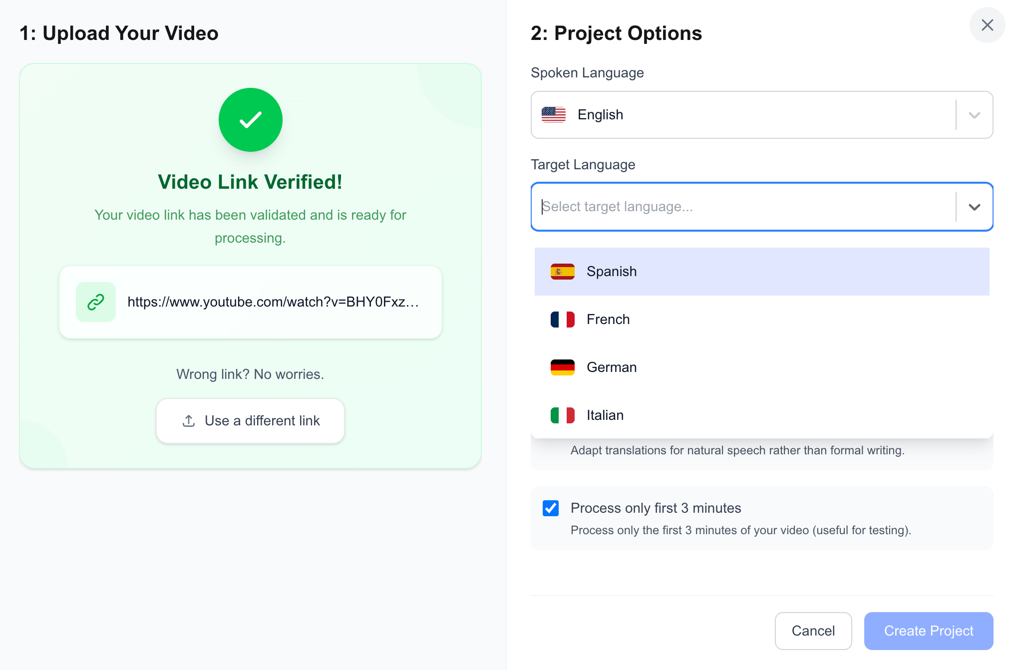 videodubbing.com — Choose language and configure project options