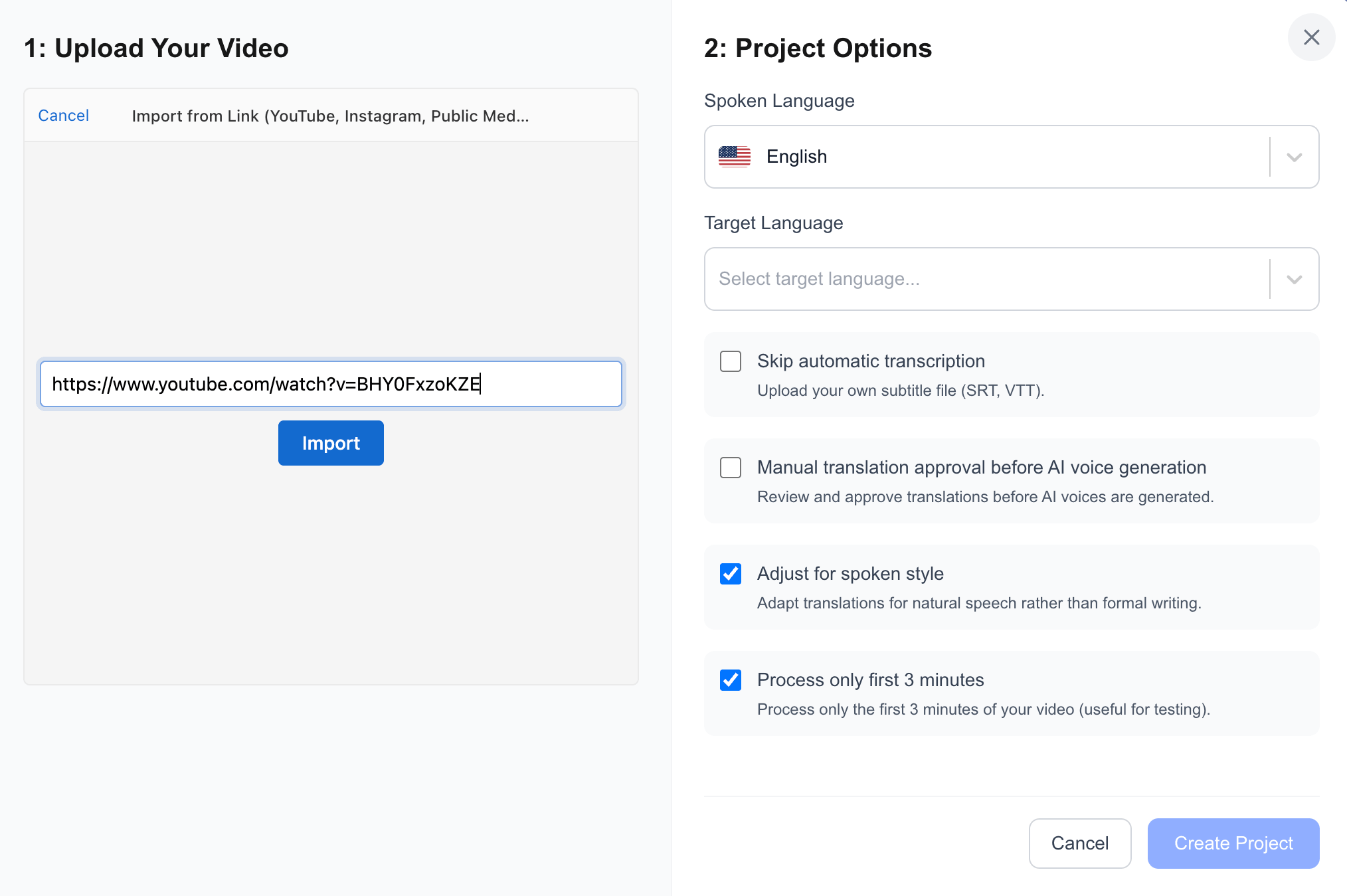 videodubbing.com — Upload your video and configure project options