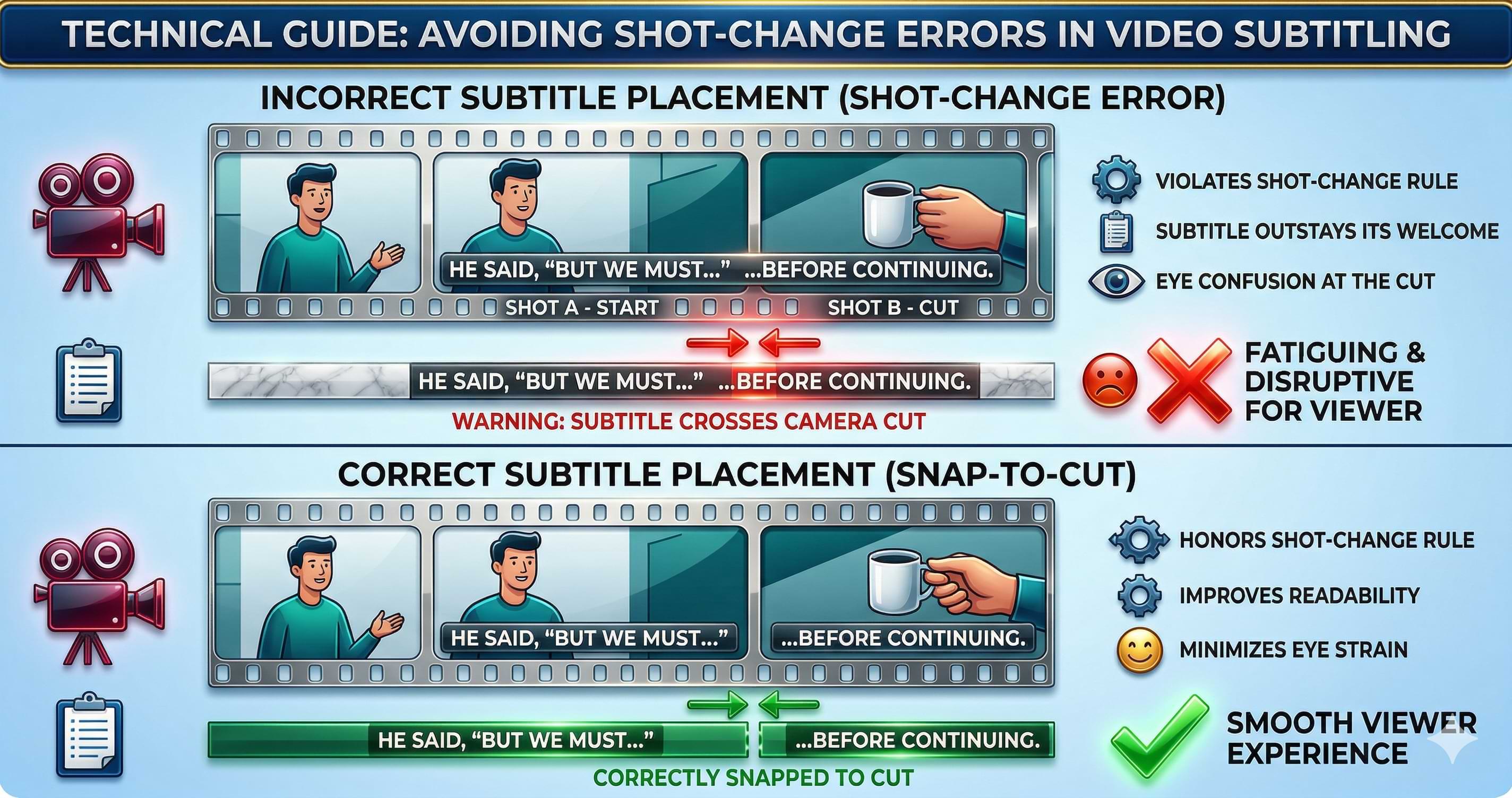 Technical guide: incorrect subtitle placement across a shot change versus correct snap-to-cut—timeline bars aligned to the cut