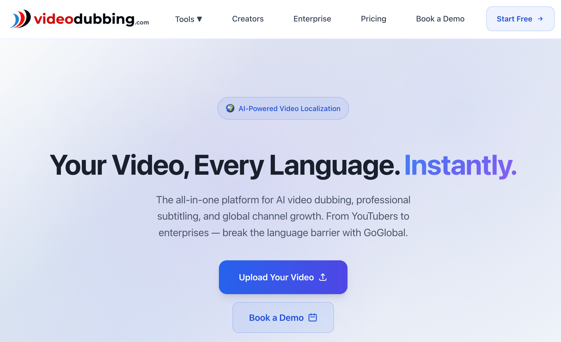 Videodubbing.com — GoGlobal AI video dubbing dashboard