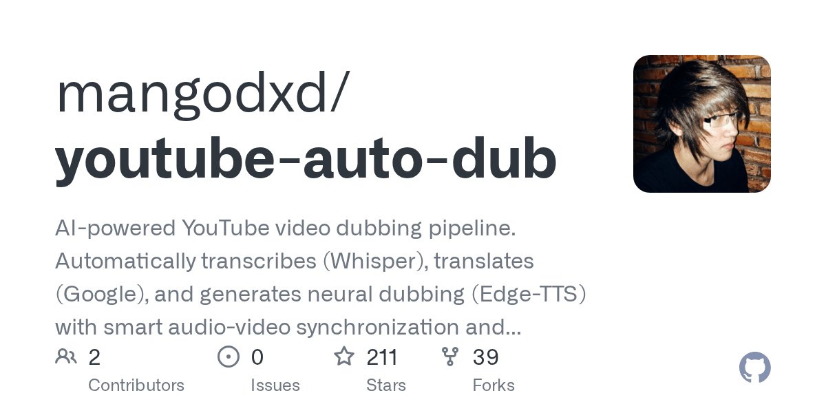 youtube-auto-dub — YouTube video dubbing pipeline